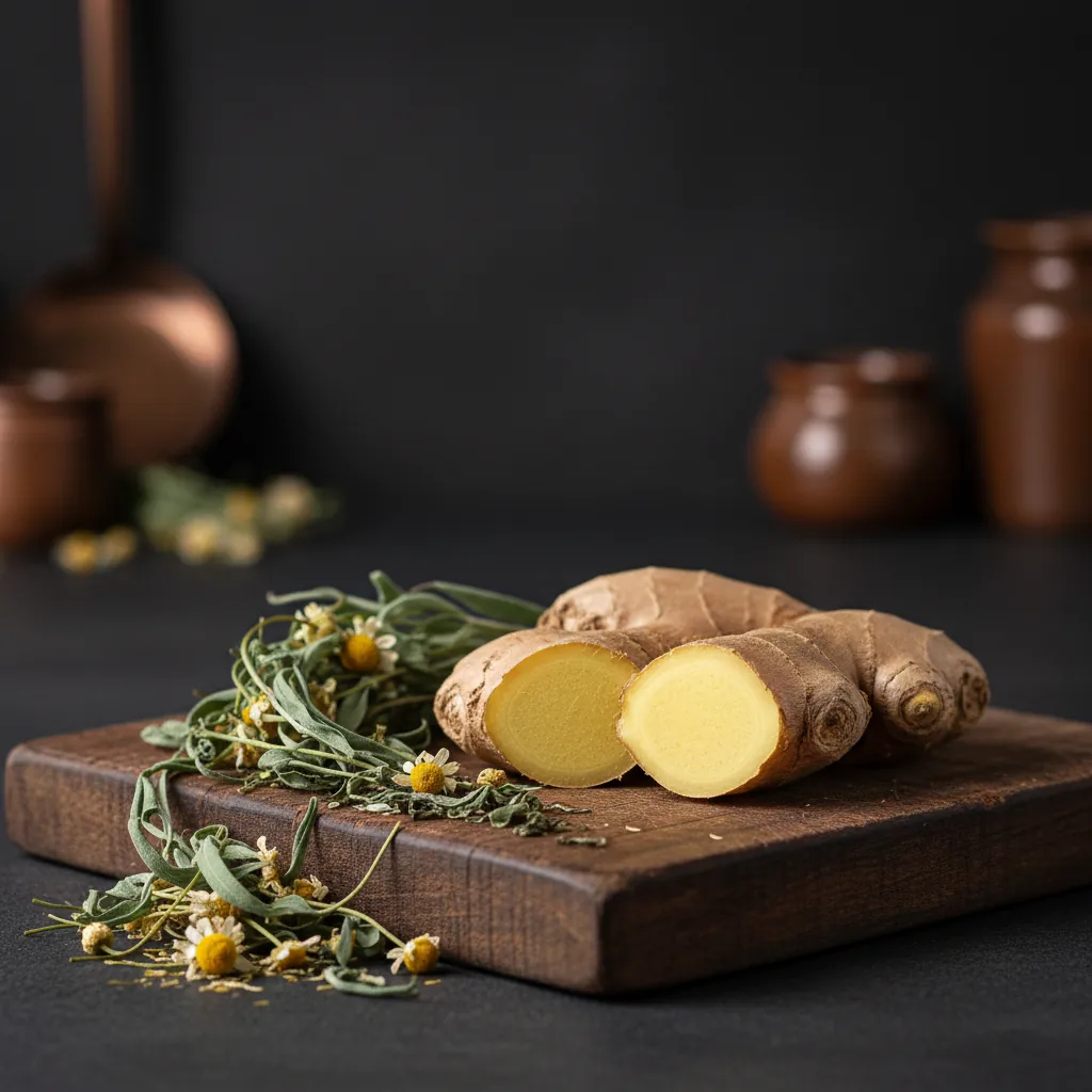 Gemberwortel, kurkuma en groene thee blaadjes op een houten snijplank