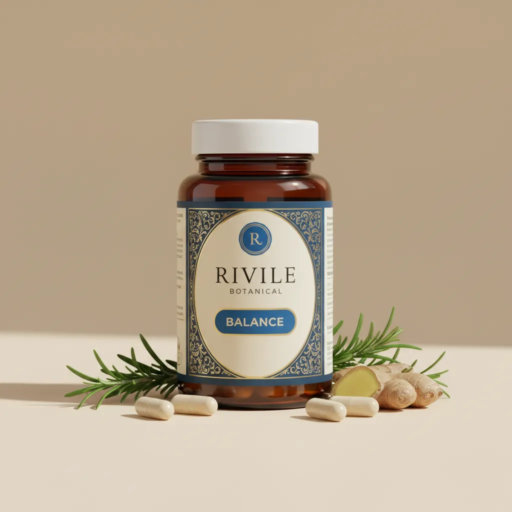 Rivile Botanical amber glazen supplement pot met zwart deksel en botanische ingrediënten