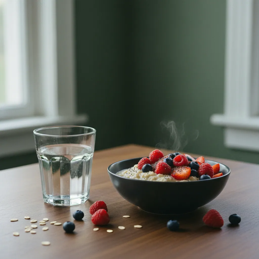 Een glas water en gezond ontbijt op een lichte keukentafel voor de dagelijkse ochtendroutine